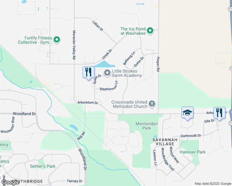 map of restaurants, bars, coffee shops, grocery stores, and more near 1117 Stephenson Lane in Waunakee