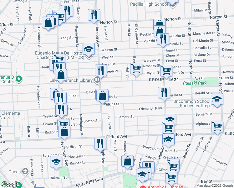 map of restaurants, bars, coffee shops, grocery stores, and more near 79 Berlin Street in Rochester