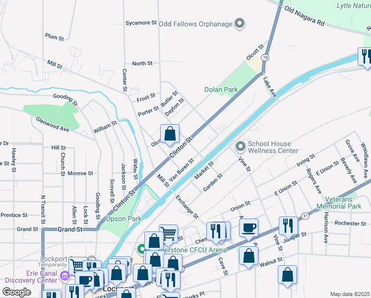 map of restaurants, bars, coffee shops, grocery stores, and more near 85 Van Buren Street in Lockport