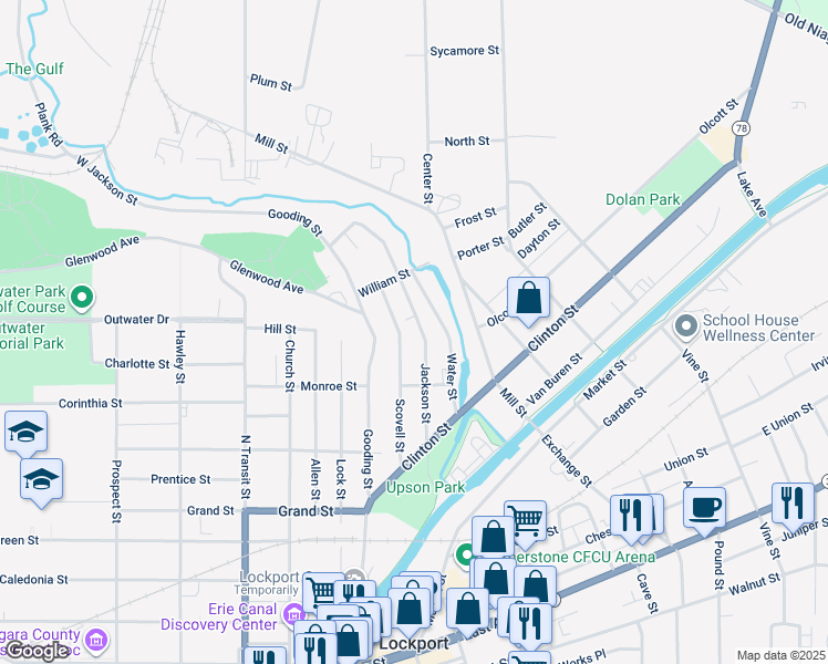 map of restaurants, bars, coffee shops, grocery stores, and more near 170 Jackson Street in Lockport