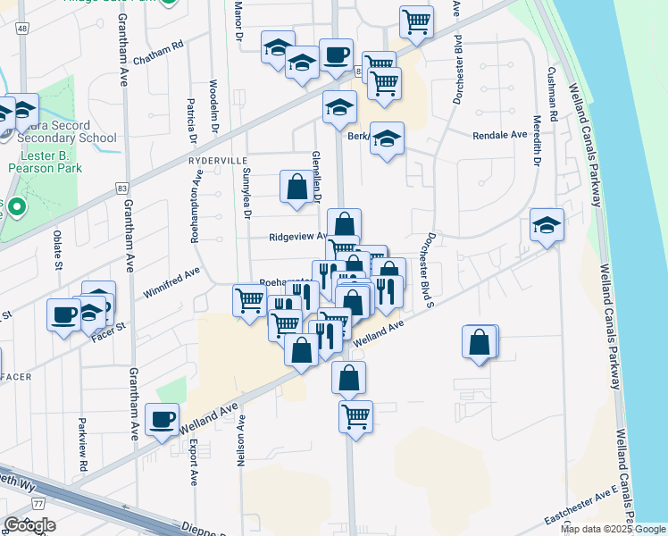 map of restaurants, bars, coffee shops, grocery stores, and more near 1057 Bunting Road in St. Catharines