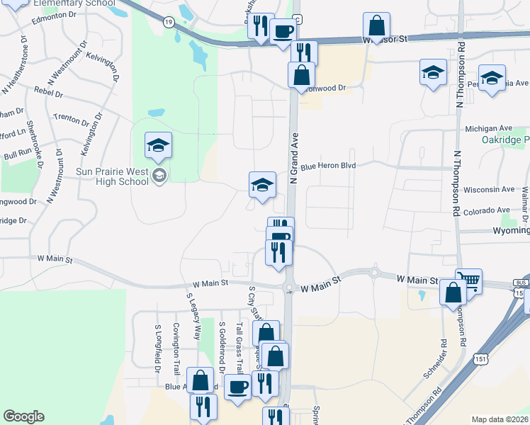 map of restaurants, bars, coffee shops, grocery stores, and more near 200 North Grand Avenue in Sun Prairie