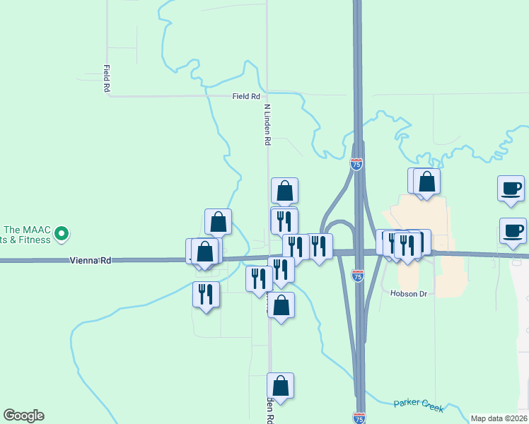 map of restaurants, bars, coffee shops, grocery stores, and more near 12157 North Linden Road in Clio