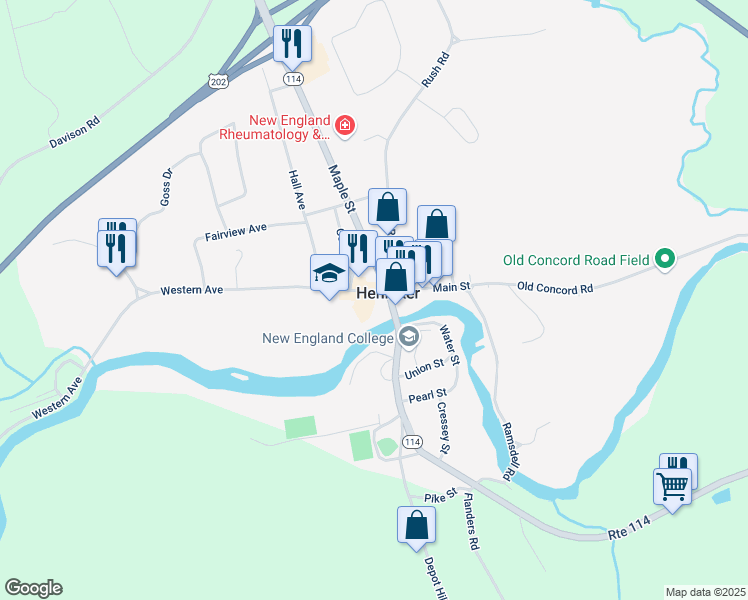 map of restaurants, bars, coffee shops, grocery stores, and more near 15 Western Avenue in Henniker