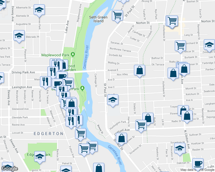 map of restaurants, bars, coffee shops, grocery stores, and more near 1286 Saint Paul Street in Rochester