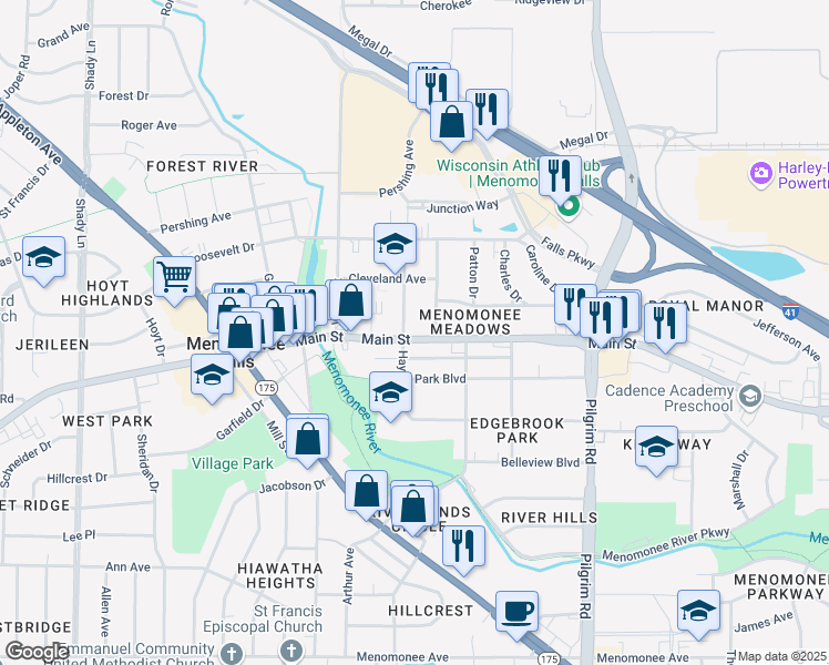map of restaurants, bars, coffee shops, grocery stores, and more near 16148 Main Street in Menomonee Falls