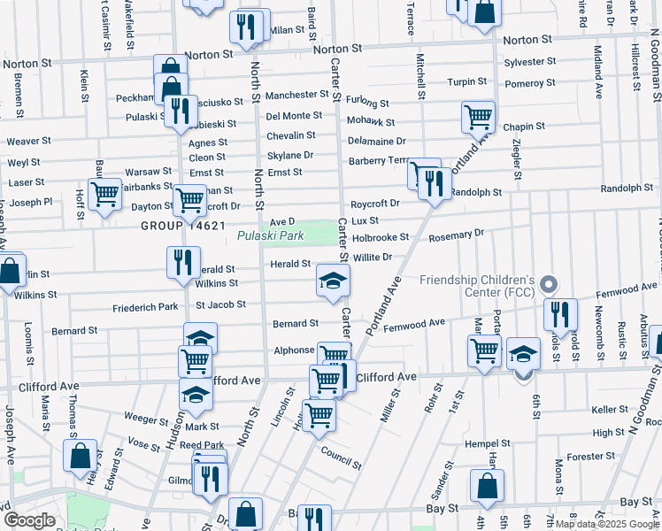 map of restaurants, bars, coffee shops, grocery stores, and more near 249 Herald Street in Rochester