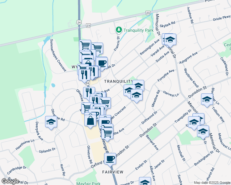 map of restaurants, bars, coffee shops, grocery stores, and more near 65 Consol Road in Brantford