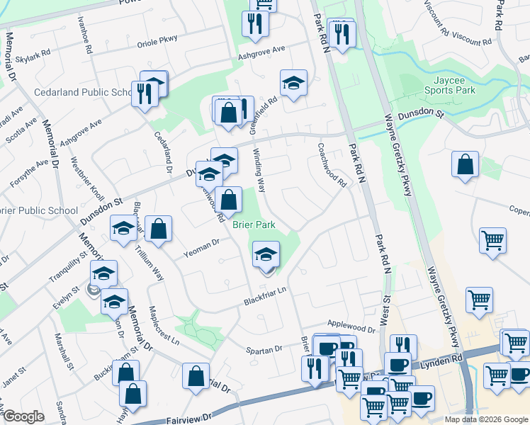 map of restaurants, bars, coffee shops, grocery stores, and more near 65 Winding Way in Brantford