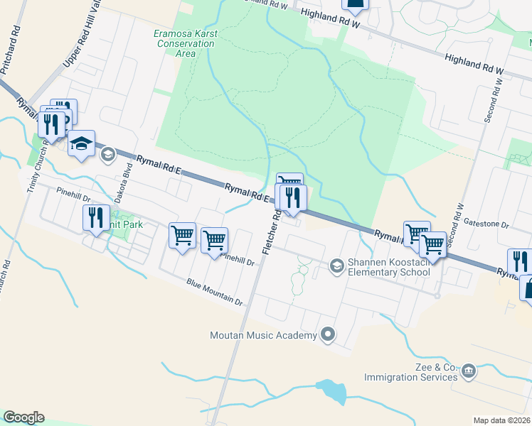 map of restaurants, bars, coffee shops, grocery stores, and more near 33 Fletcher Road in Hamilton