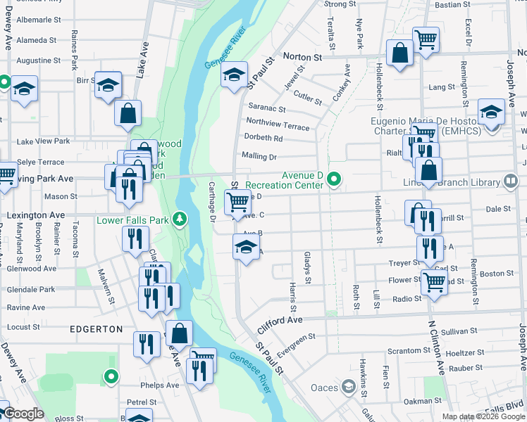 map of restaurants, bars, coffee shops, grocery stores, and more near 56 Avenue C in Rochester