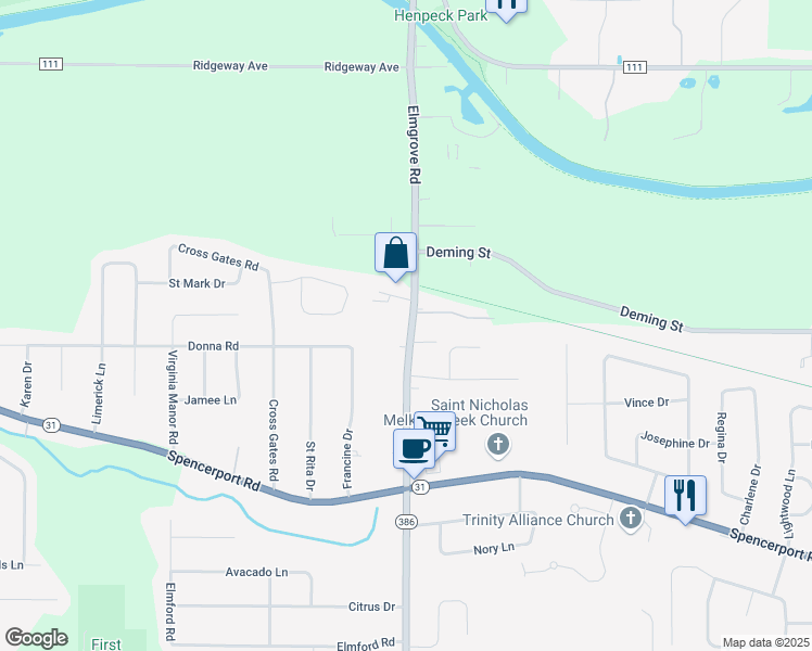 map of restaurants, bars, coffee shops, grocery stores, and more near 505 Elmgrove Road in Rochester