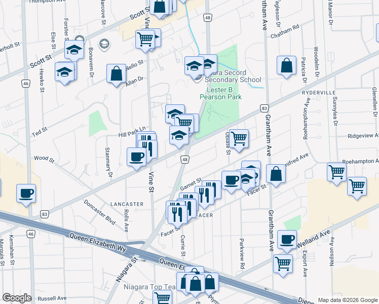 map of restaurants, bars, coffee shops, grocery stores, and more near 260 Niagara Street in Saint Catharines