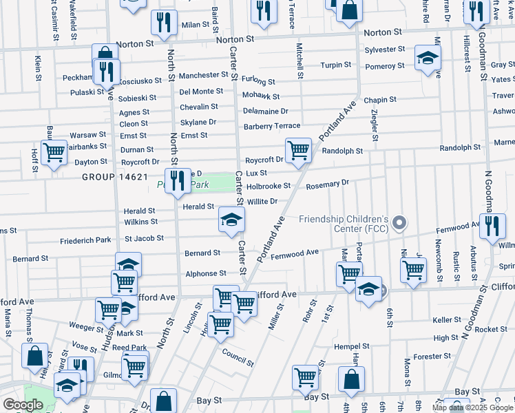 map of restaurants, bars, coffee shops, grocery stores, and more near 140 Carter Street in Rochester