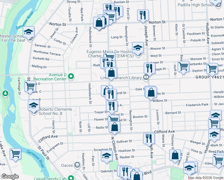 map of restaurants, bars, coffee shops, grocery stores, and more near 113 Morrill Street in Rochester