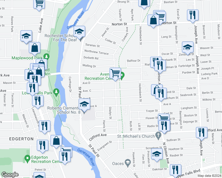 map of restaurants, bars, coffee shops, grocery stores, and more near 155 Avenue C in Rochester