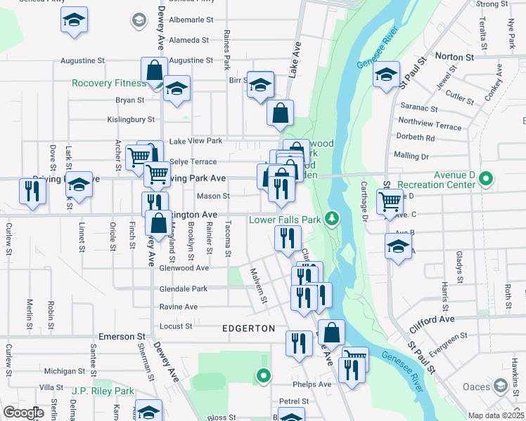 map of restaurants, bars, coffee shops, grocery stores, and more near 115 Lexington Avenue in Rochester
