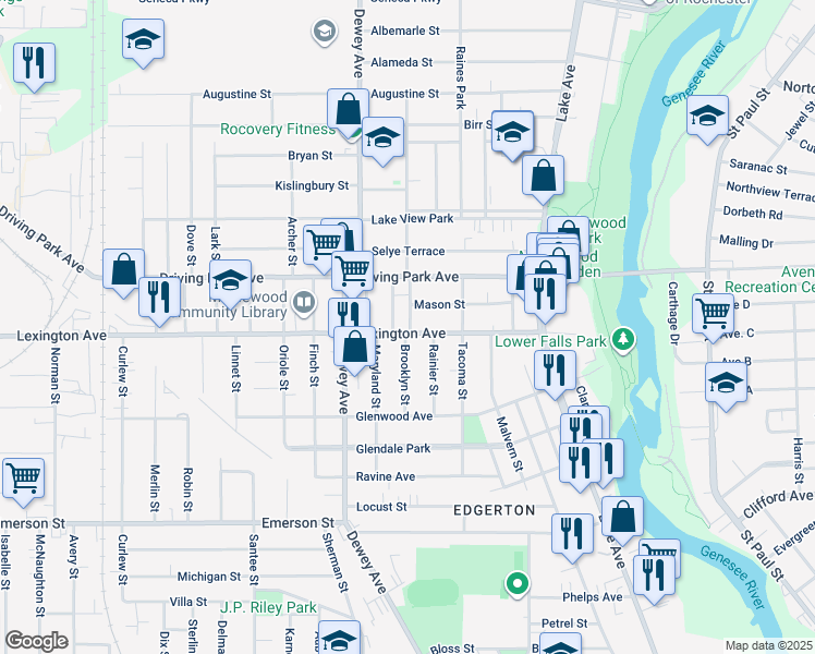 map of restaurants, bars, coffee shops, grocery stores, and more near 38 Brooklyn Street in Rochester