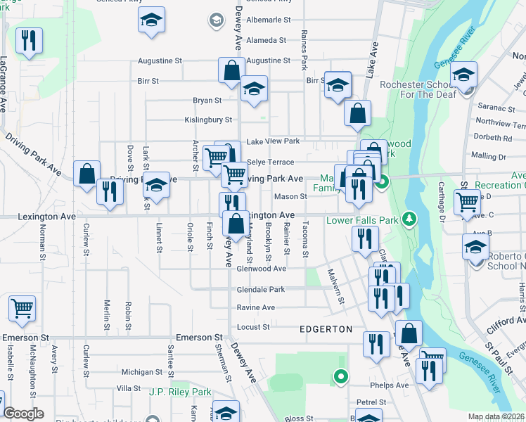 map of restaurants, bars, coffee shops, grocery stores, and more near 38 Brooklyn Street in Rochester