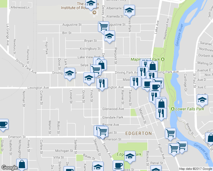 map of restaurants, bars, coffee shops, grocery stores, and more near 325 Lexington Avenue in Rochester