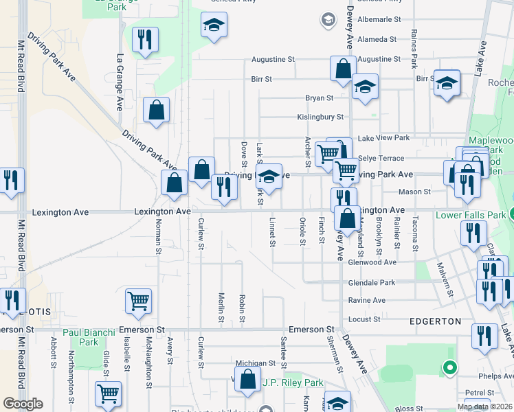 map of restaurants, bars, coffee shops, grocery stores, and more near 543 Lexington Avenue in Rochester
