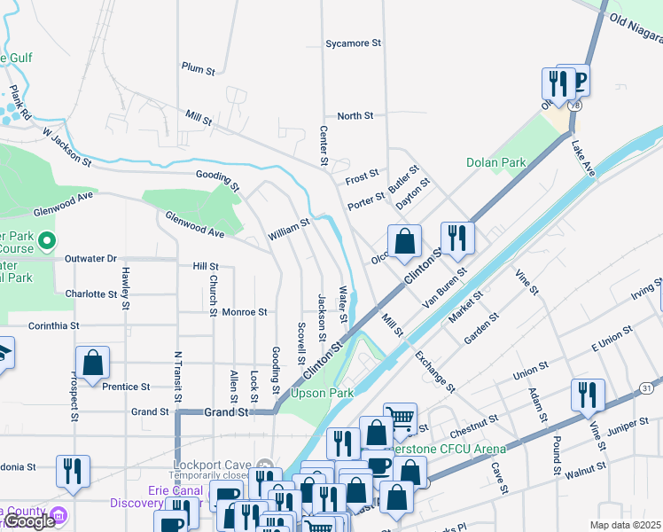 map of restaurants, bars, coffee shops, grocery stores, and more near 170 Jackson Street in Lockport