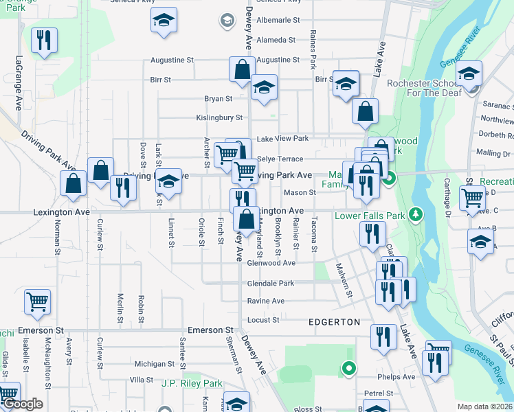 map of restaurants, bars, coffee shops, grocery stores, and more near 330 Lexington Avenue in Rochester