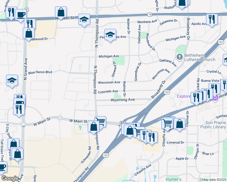 map of restaurants, bars, coffee shops, grocery stores, and more near Colorado Avenue in Sun Prairie