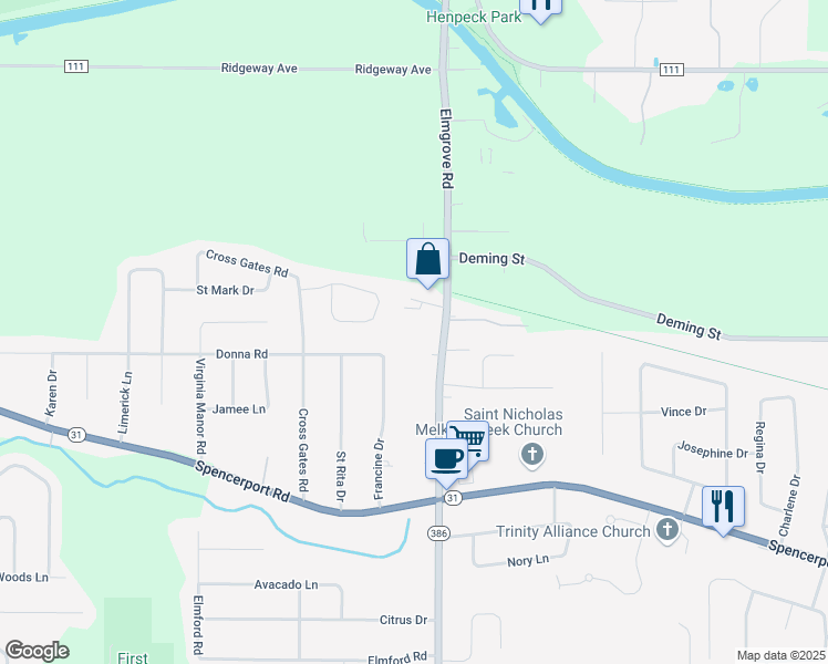 map of restaurants, bars, coffee shops, grocery stores, and more near 505 Elmgrove Road in Rochester