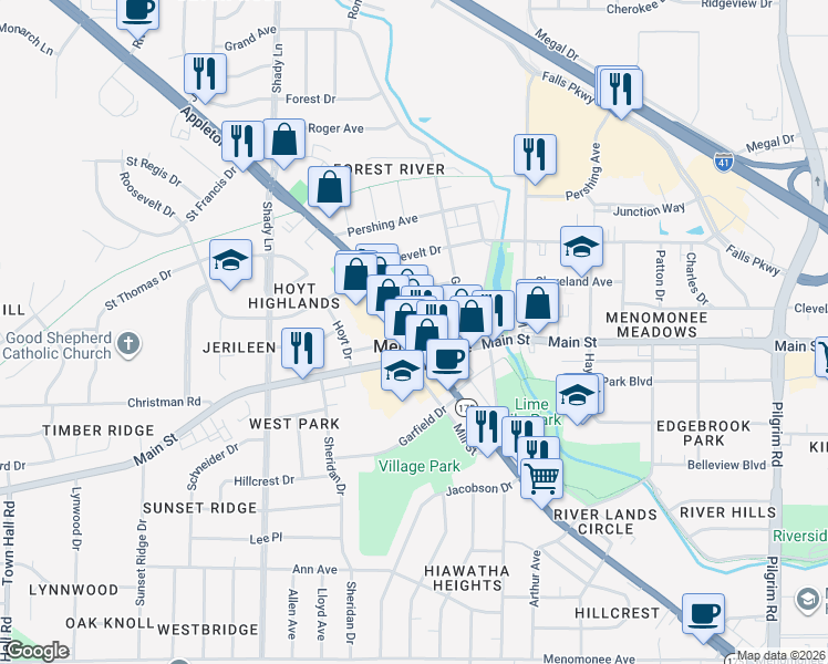 map of restaurants, bars, coffee shops, grocery stores, and more near n89w16744 Appleton Avenue in Menomonee Falls