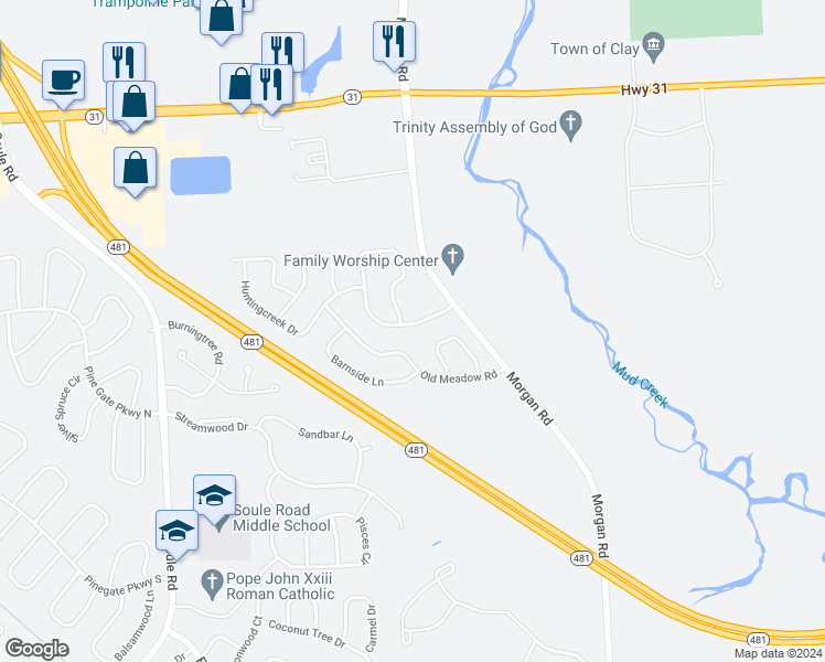 map of restaurants, bars, coffee shops, grocery stores, and more near 4320 Amblewood Lane in Clay