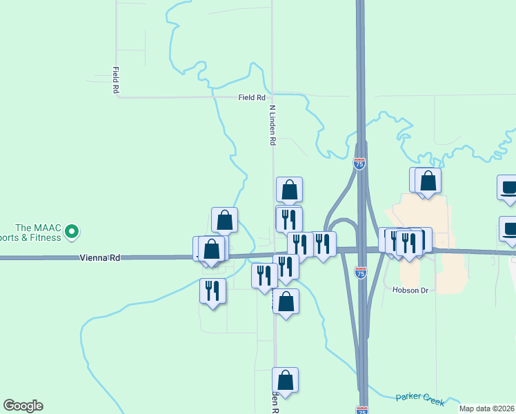 map of restaurants, bars, coffee shops, grocery stores, and more near 12157 North Linden Road in Clio