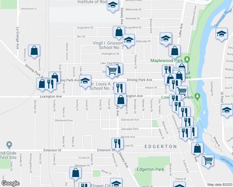 map of restaurants, bars, coffee shops, grocery stores, and more near 370 Lexington Avenue in Rochester