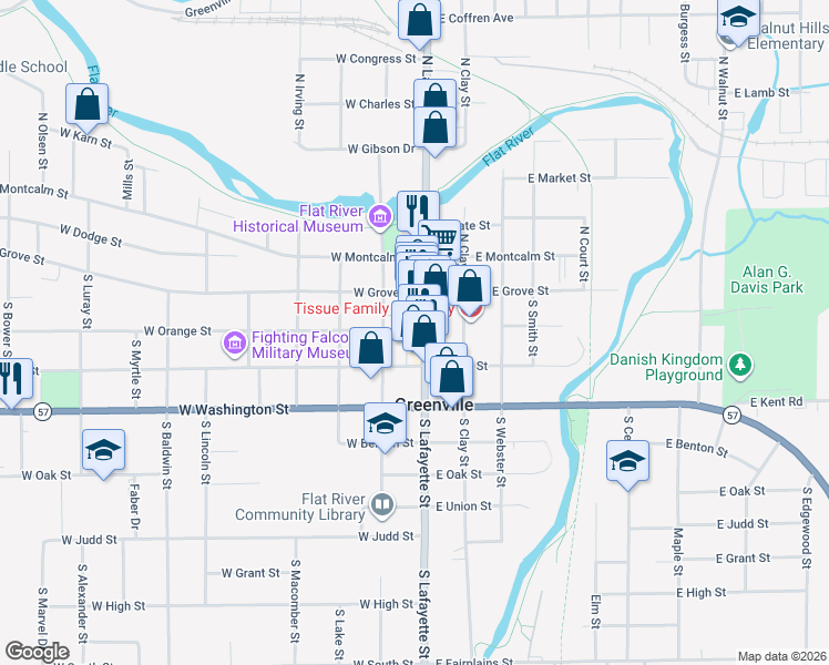 map of restaurants, bars, coffee shops, grocery stores, and more near 118 West Cass Street in Greenville