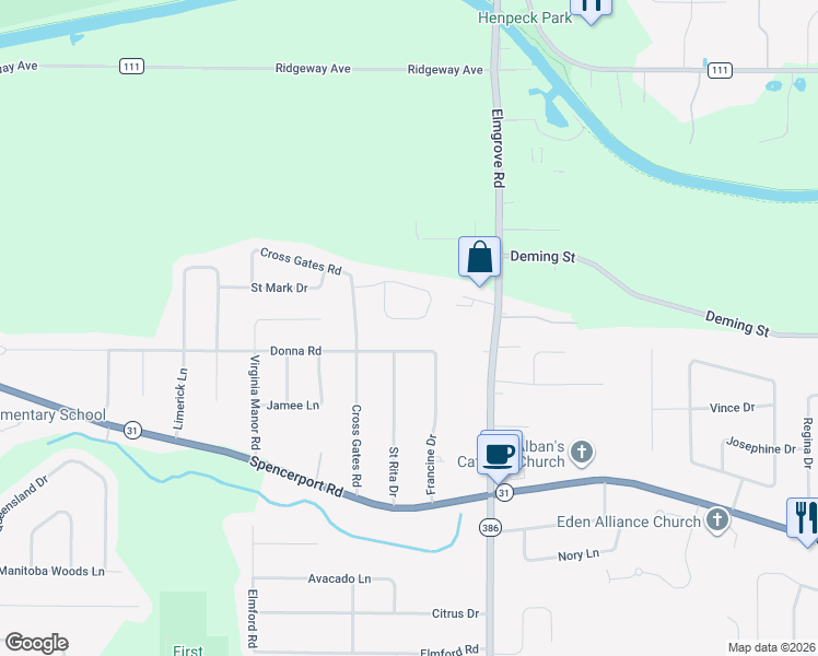 map of restaurants, bars, coffee shops, grocery stores, and more near 52 Donna Road in Rochester