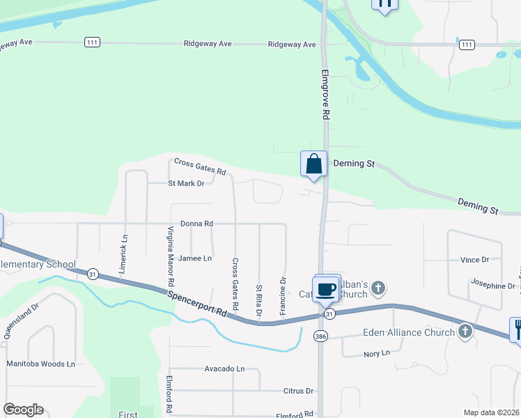 map of restaurants, bars, coffee shops, grocery stores, and more near 52 Donna Road in Rochester