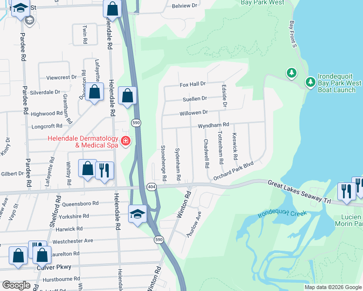 map of restaurants, bars, coffee shops, grocery stores, and more near 96 Sydenham Road in Rochester