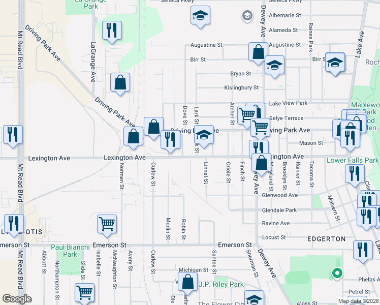 map of restaurants, bars, coffee shops, grocery stores, and more near 543 Lexington Avenue in Rochester