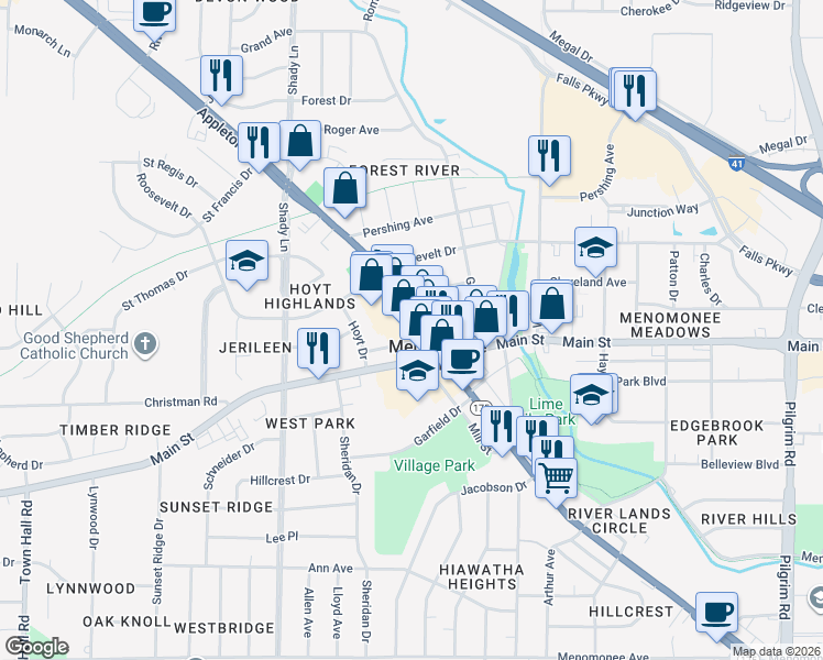 map of restaurants, bars, coffee shops, grocery stores, and more near N88W16848 Main Street in Menomonee Falls