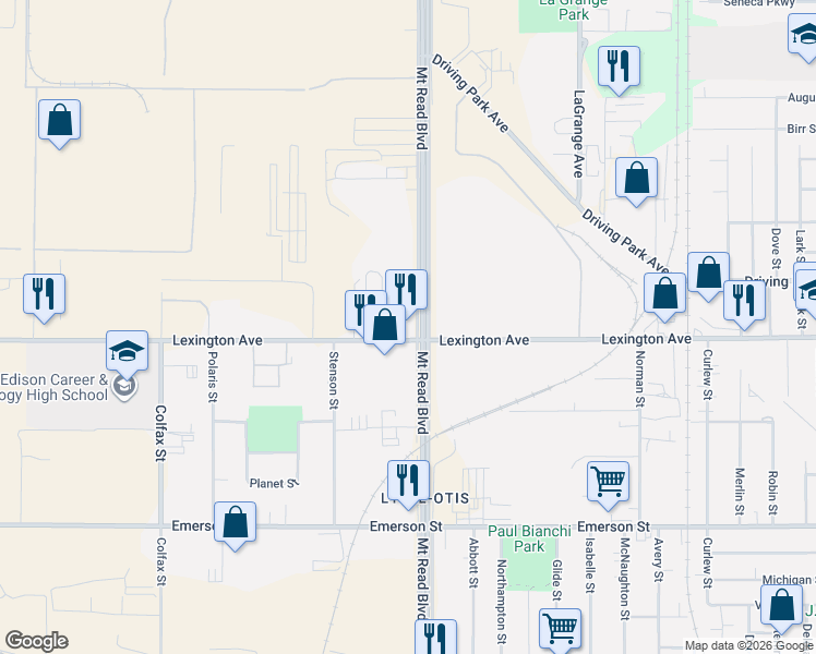 map of restaurants, bars, coffee shops, grocery stores, and more near 1425 Mount Read Boulevard in Rochester