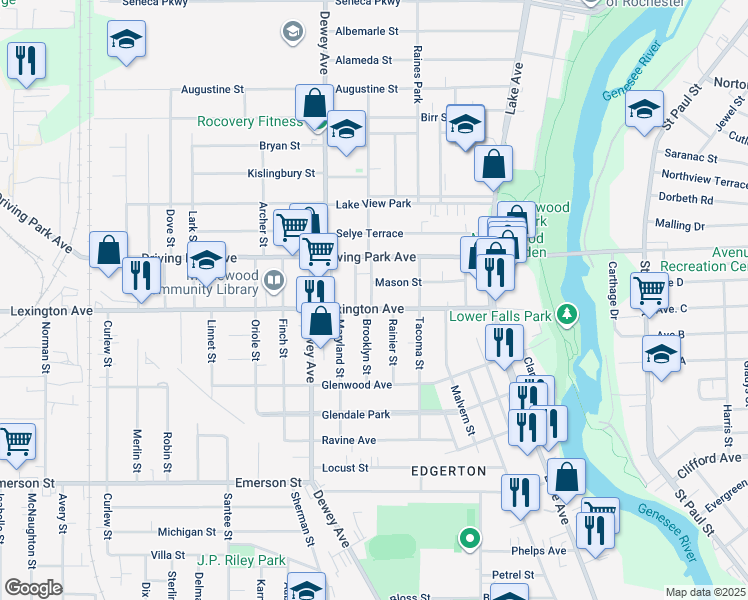 map of restaurants, bars, coffee shops, grocery stores, and more near 2 Pierpont Street in Rochester