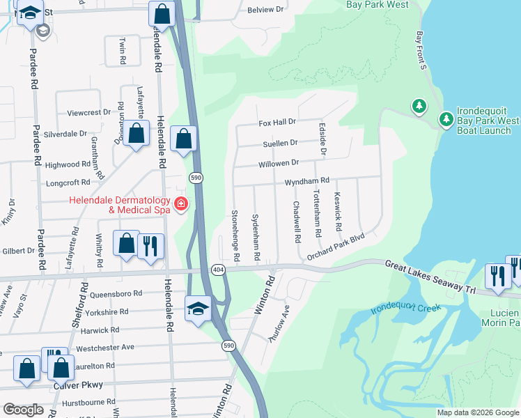 map of restaurants, bars, coffee shops, grocery stores, and more near 96 Sydenham Road in Rochester