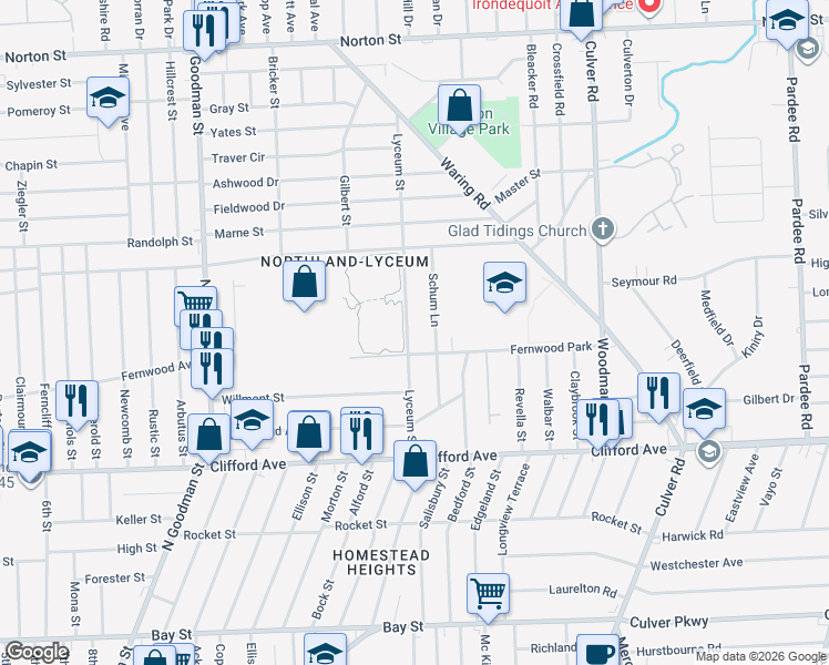 map of restaurants, bars, coffee shops, grocery stores, and more near 148 Lyceum Street in Rochester