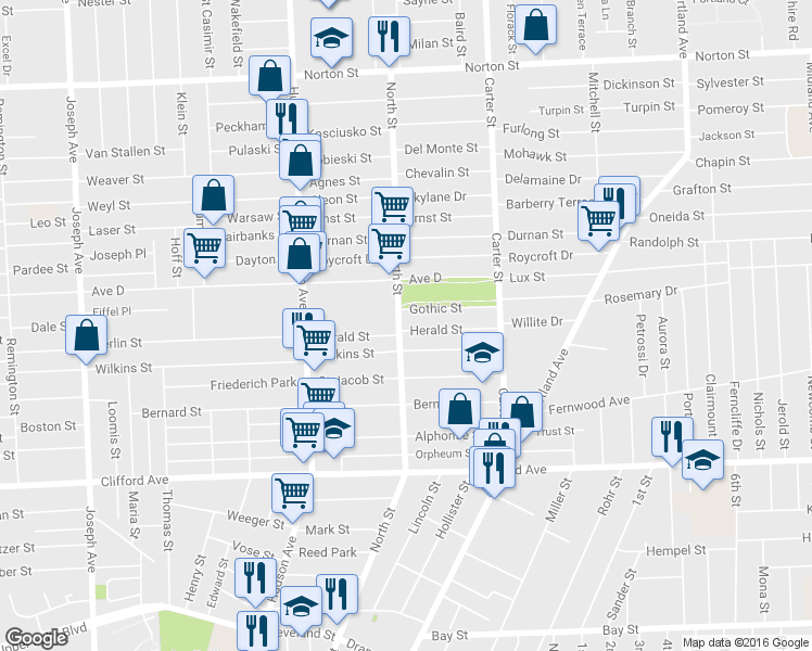 map of restaurants, bars, coffee shops, grocery stores, and more near 1112 North Street in Rochester