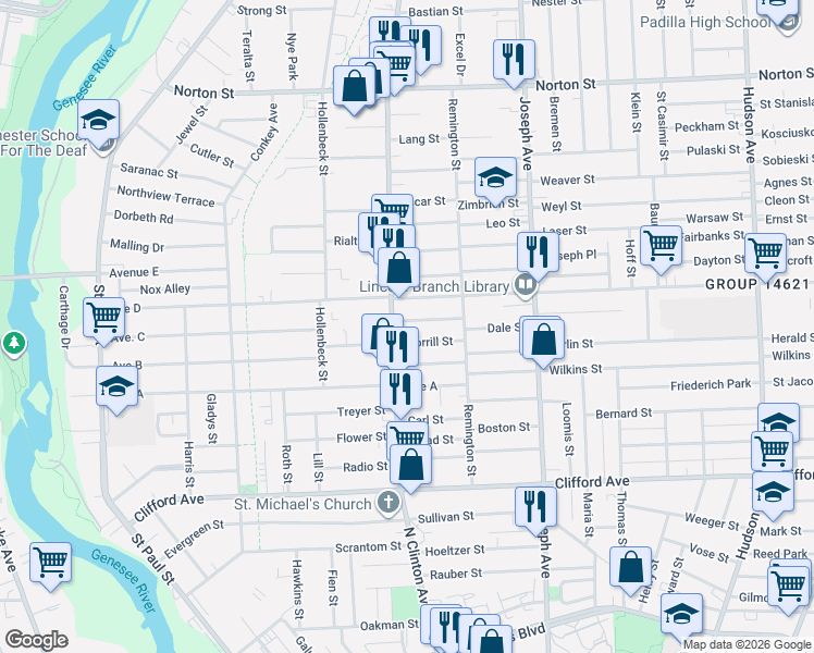 map of restaurants, bars, coffee shops, grocery stores, and more near 113 Morrill Street in Rochester
