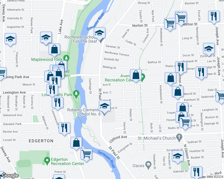 map of restaurants, bars, coffee shops, grocery stores, and more near 51 Avenue C in Rochester