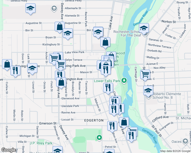map of restaurants, bars, coffee shops, grocery stores, and more near 175 Lexington Avenue in Rochester