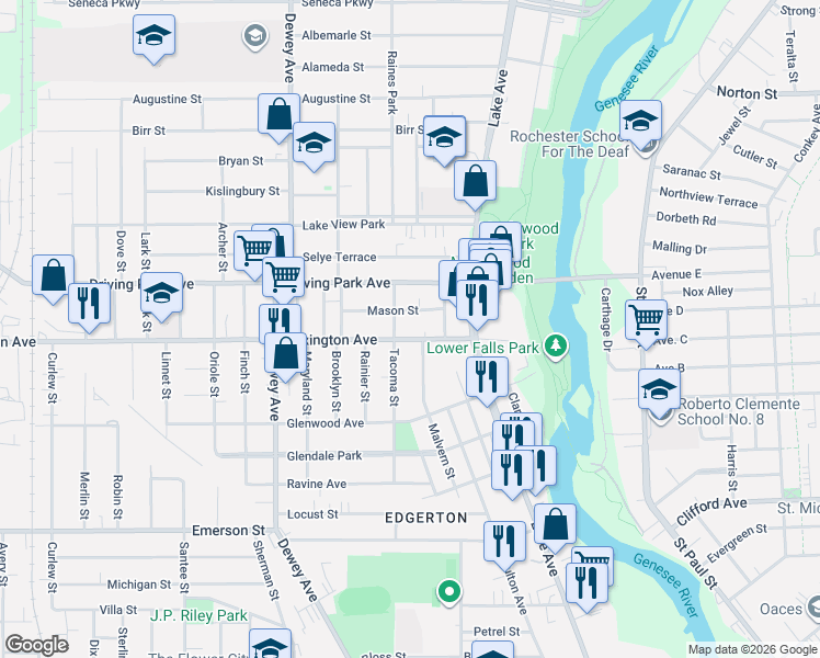 map of restaurants, bars, coffee shops, grocery stores, and more near 175 Lexington Avenue in Rochester