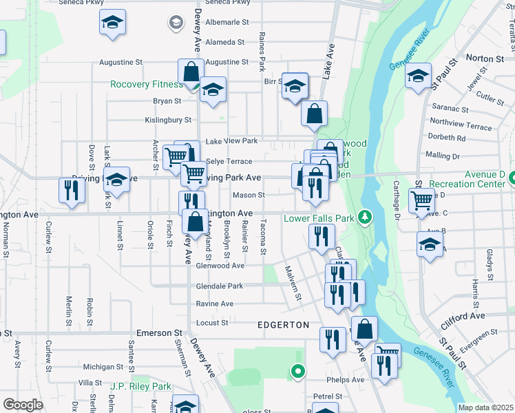 map of restaurants, bars, coffee shops, grocery stores, and more near 229 Lexington Avenue in Rochester