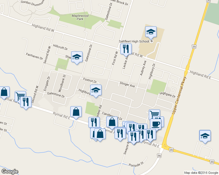 map of restaurants, bars, coffee shops, grocery stores, and more near 57 First Road West in Hamilton